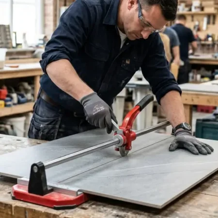 couper un carrelage avec une carrelette manuelle professionnelle sur un chantier