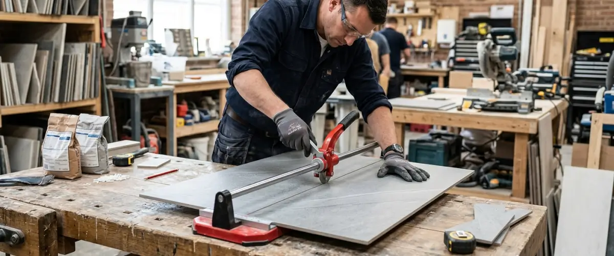 couper un carrelage avec une carrelette manuelle professionnelle sur un chantier