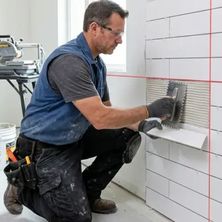 Comment poser du carrelage au mur : carreleur appliquant du mortier-colle au peigne cranté