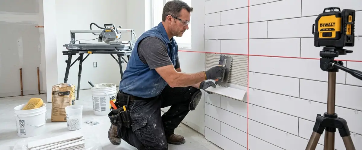 Comment poser du carrelage au mur : carreleur appliquant du mortier-colle au peigne cranté