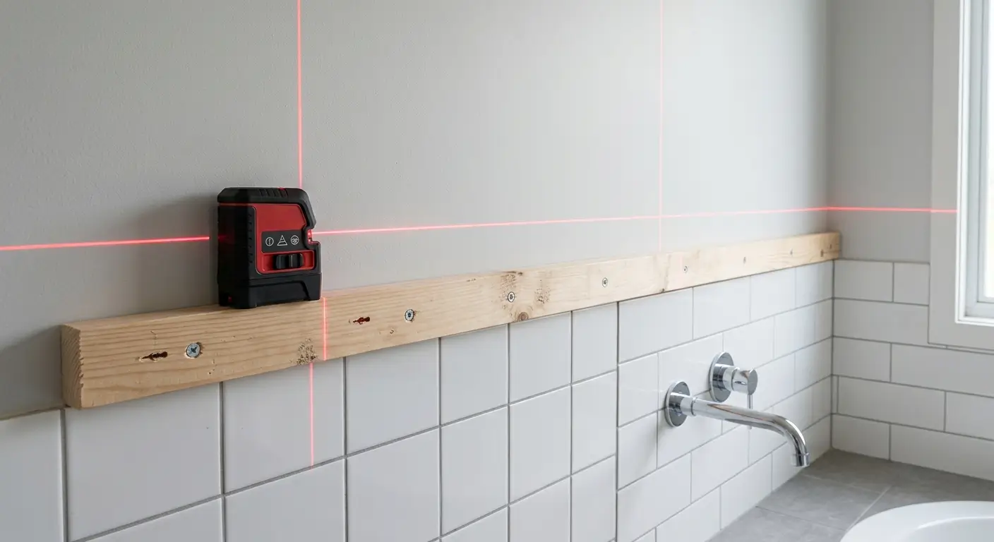 Pose d'un tasseau de guidage et projection laser pour aligner le carrelage mural