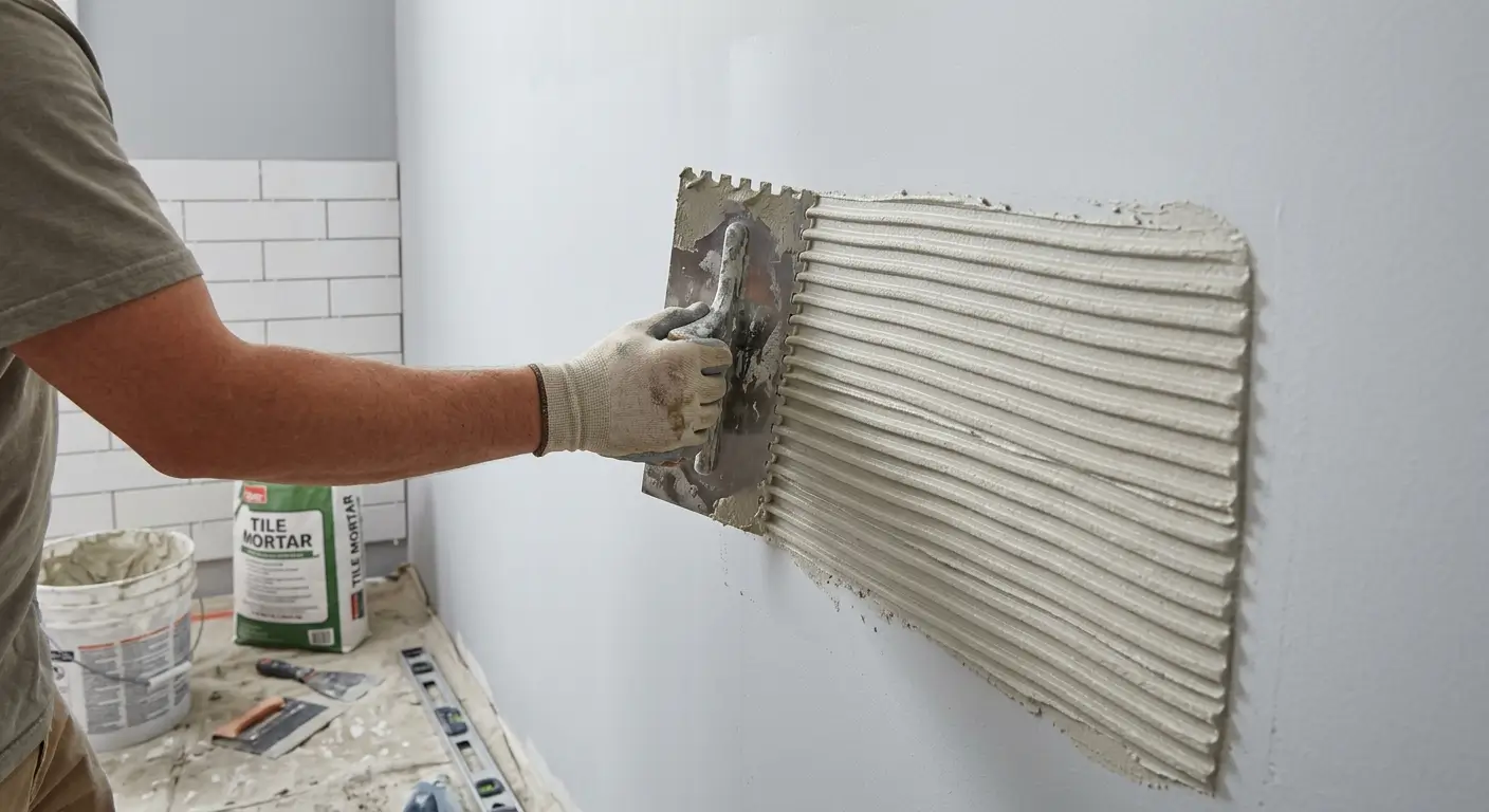 Application du mortier-colle au peigne cranté sur un mur intérieur