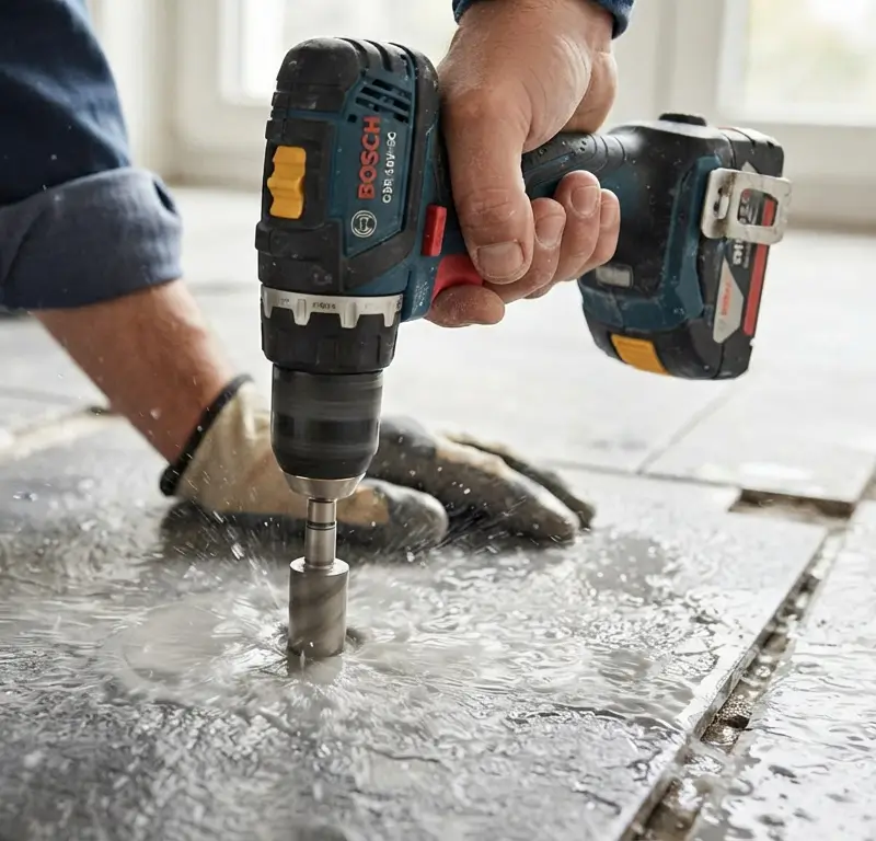 percer du carrelage sans le casser, gros plan sur le percage avec foret diamant