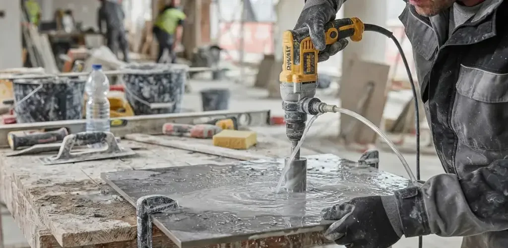 percer du carrelage sans le casser avec une mèche diamant et de l'eau sur un carrelage de sol en grès cérame