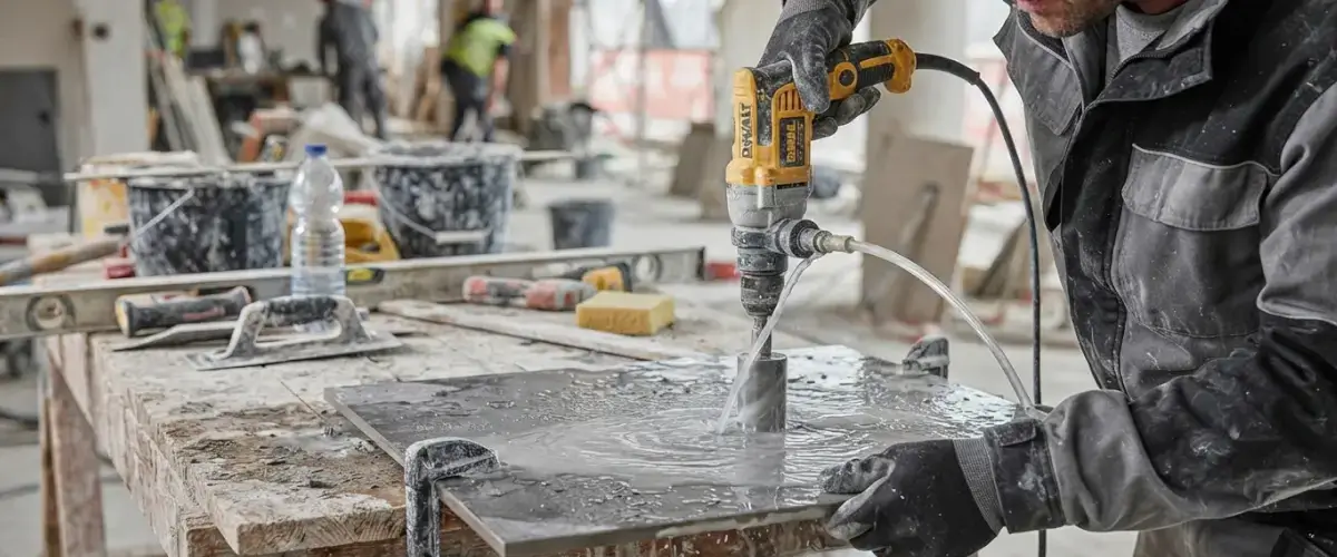 percer du carrelage sans le casser avec une mèche diamant et de l'eau sur un carrelage de sol en grès cérame