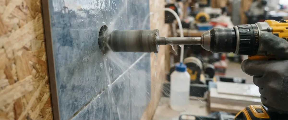 percer carrelage mural avec une mèche diamantée et un système de refroidissement sur faïence