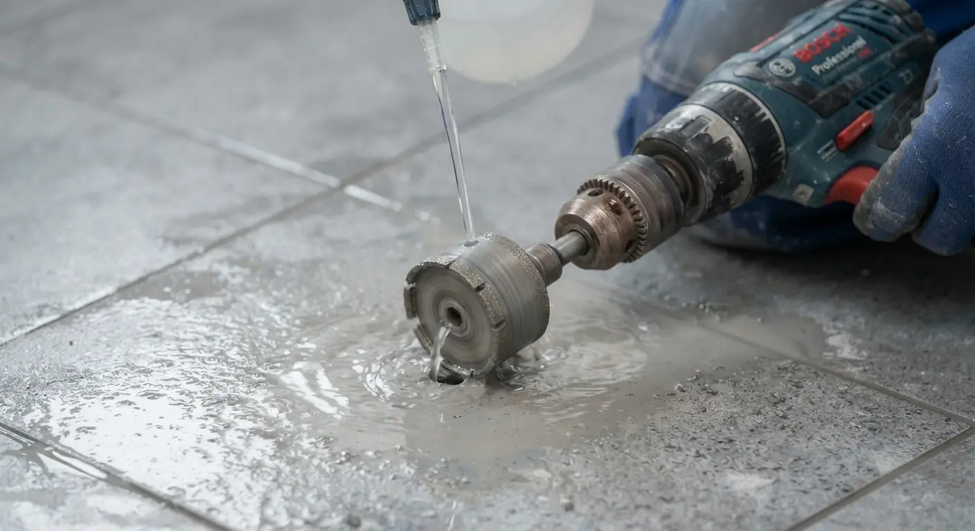 percer carrelage au sol avec un trépan diamant et un système de refroidissement à eau