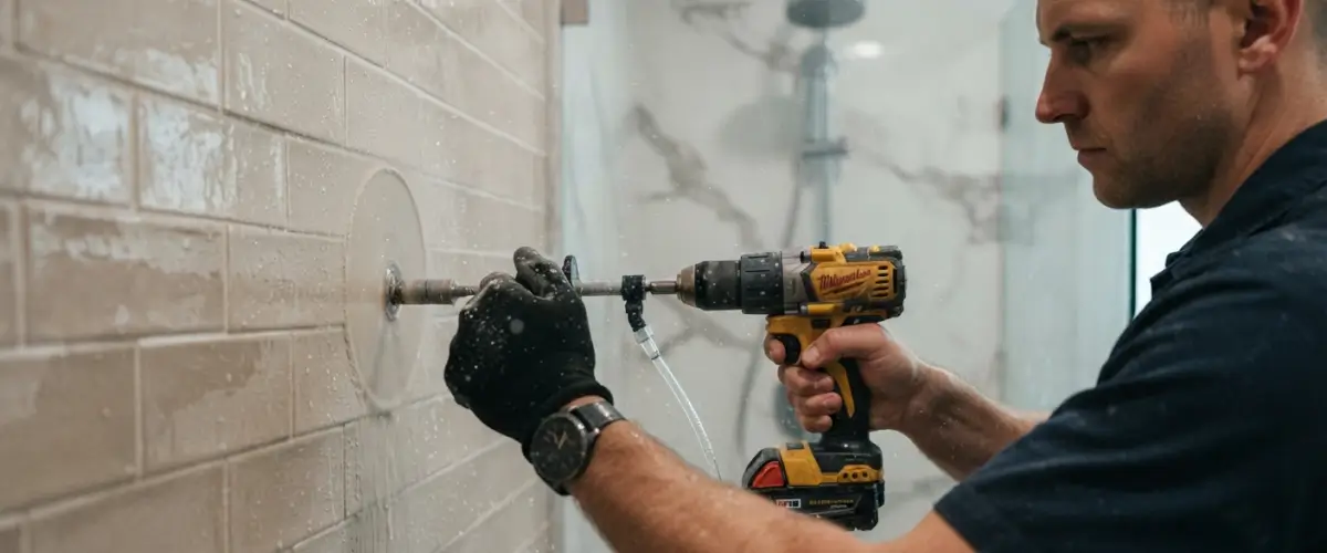 percer carrelage salle de bain avec une mèche diamant et de l'eau pour refroidir la céramique