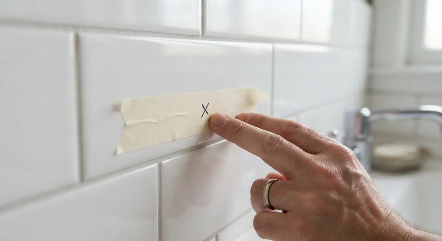 percer faience salle de bain avec un foret diamant et du ruban adhésif sur le mur