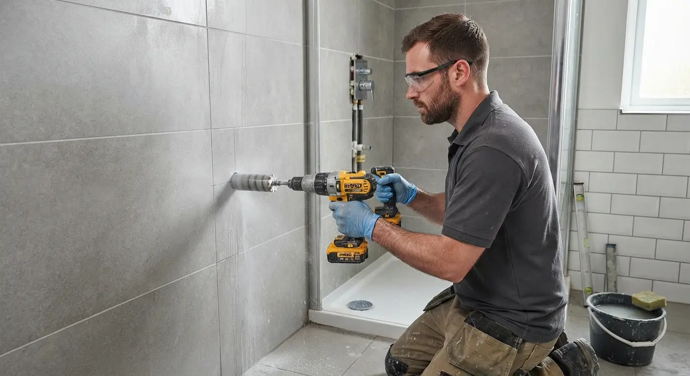 percer dans du carrelage salle de bain avec une scie cloche diamant pour colonne de douche